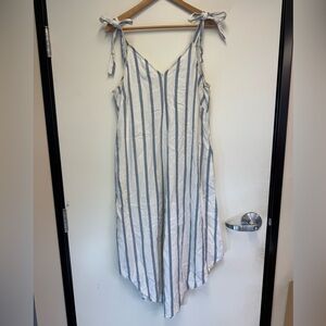 MSK Linen Blend Tie Shoulder Strap Jumpsuit Striped Back Zip Size XL White Blue